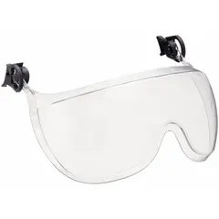 Clear-lens eye shield assembly with anti-fog and scratch-resistant properties. Mounts to hard hats and helmets using included mounting hardware. Clear frame. Suitable for industrial environments requiring eye protection.