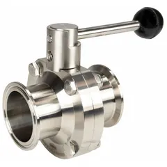 This 3-A certified butterfly valve features a 316L stainless steel body and disc with a clamp connection. It has a lever handle with 4 stop positions, a maximum pressure rating of 110 psi (CWP), and an average surface roughness of ≤ 32 micron. Suitable for sanitary fluid handling in industries requiring hygienic standards.