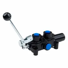 Four-way, three-position manual spool monoblock valve with Tandem Center spool and spring-centered return to neutral. Features NPT ports and a single spool. Used to control hydraulic fluid direction in mobile or industrial equipment such as loaders and lifts.