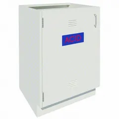 Steel base cabinet for acid storage with one door. Overall dimensions: 35 1/8 in height, 22 in depth, 24 in width. Designed for under-bench placement in laboratory and industrial settings to contain corrosive materials.