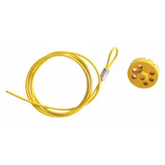 This twist-lock cable lockout includes a 4.9 ft steel cable with a clear PVC finish. The body is made of yellow polypropylene. It is used to isolate energy sources during maintenance by locking out valves or switches.
