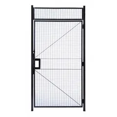 This steel woven-wire partition hinged door provides personnel access within industrial enclosures. It features a powder-coated gray finish, left-hand mounting orientation, and includes mounting hardware. Suitable for use with woven-wire partition systems in warehouses, factories, and machine guarding applications.