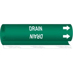 Wrap-around pipe marker for identifying drain lines. Green background with white 'Drain' legend and directional arrows. Fits pipe outer diameters from 2-1/2 to 7-7/8 inches. Supplied as a single marker.