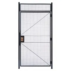 Steel hinged door with gray powder-coated finish, measuring 8 1/2 ft high by 4 3/8 ft wide by 2 in deep. Features a left-hand swing. Designed for use in welded-wire partition systems to provide personnel access in industrial and warehouse environments.