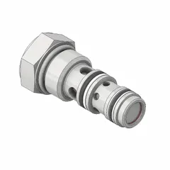 Steel three-way cartridge check valve for C08-4 cavity size. Allows flow in one direction and prevents backflow in hydraulic systems. Suitable for manifold or block applications in industrial machinery and mobile equipment. Overall length 0.875 in.