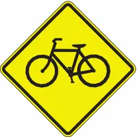 Aluminum sign, 0.08 in thick, 30 in x 30 in, diamond-shaped with Diamond retroreflective grade. Conforms to W11-1 MUTCD standards. Used to alert drivers to bicycle crossings in roadways, parking lots, or campus environments