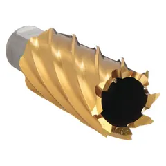 Cobalt annular cutter with TiN coating for cutting hard materials. Features a 1 1/4 in cutter diameter, 2 in maximum cutting depth, and Weldon Flat shank. Designed for use with magnetic drill presses to produce clean holes in tough alloys.