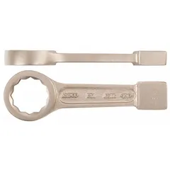 This nonsparking striking box end wrench is made of aluminum-bronze with a natural finish. It has a 1 3/8 in head size, 8 in overall length, SAE sizing, straight handle, and 12-point design. Suitable for use in hazardous environments where spark prevention is critical.
