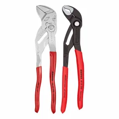 Push-button adjustable tongue and groove plier set with curved and flat jaws. Max jaw opening 2 in_1 3/4 in. Gripping surfaces are serrated and smooth. Used for gripping, turning, and clamping pipes, fittings, and fasteners in maintenance, plumbing, and assembly work.