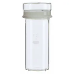 Colorless glass weighing bottle with a narrow mouth and included cap closure. Designed for precise weighing of solid samples, powders, or hygroscopic materials in analytical laboratories. Meets ASTM/USP standards.