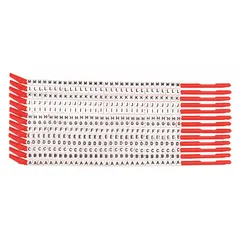 Clip-on wire markers with black-on-white nylon labels, legend A to M, 390 labels per pack. Rated for -30°F to 251°F. Suitable for identifying wires in control panels, electrical cabinets, and machinery.