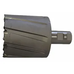 Carbide-tipped annular cutter with a bright finish, designed for cutting clean holes in tough materials. Features a 1 3/8 in cutter diameter and 3 7/8 in maximum cutting depth. Suitable for use with magnetic drill presses in structural steel and heavy plate applications.