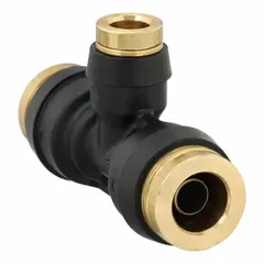 This tee fitting connects three tubes in pneumatic or air brake systems. It joins 3/8 in OD and 1/4 in OD tubing using push-to-connect technology for quick, tool-free assembly. The fitting is made of brass and composite materials.