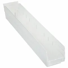 This Clearview plastic shelf bin has a 23-5/8 in overall length and 4-1/8 x 4 in interior dimensions. It is clear for easy visual identification of contents, nesting capable for space-saving storage when not in use, and not hangable. Dividers are not included. Commonly used for organizing small parts and components in industrial workstations, warehouses, and assembly areas.