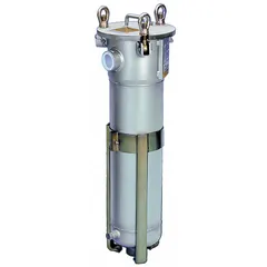 This Parker water filter cartridge housing is constructed from 304L stainless steel with a silver finish. It features a 2-inch NPT connection and supports a flow rate of 30 gpm. With an overall height of 33 inches and diameter of 12 1/4 inches, it is suited for industrial water filtration applications such as process water, cooling systems, and general plant filtration.