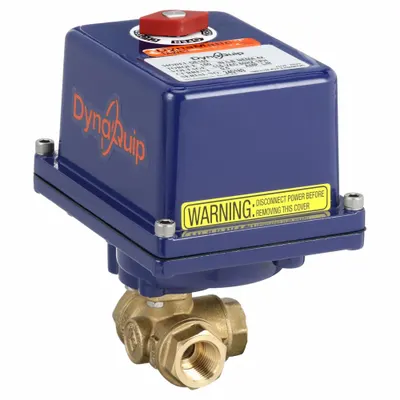 DYNAQUIP CONTROLS Electrically Actuated Three-Way Ball Valve: 1/2 in, Brass, 120V AC - L-Port Brass Electrically-Actuated Ball Valves
