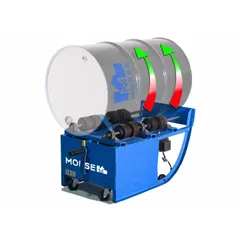 Single-drum roller mixer for 55-gallon drums with a dry load capacity of 300 lb. Features a 1/2 hp TEFC motor, fixed-speed operation, and lift-to-load or tilt-to-load configuration. Operates on 115V single-phase power at 7.4A and is capable of automated operation.