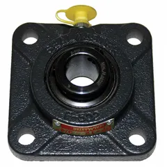 Cast iron 4-bolt flange-mount ball bearing with 2 3/16 in cylindrical bore and set screw shaft locking. Lubricated with NLGI #2 Equivalent grease. Mounting bolt size 5/8 in. Used to support rotating shafts in conveyors, fans, and material handling equipment under radial loads and moderate speeds.