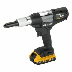Brushless cordless riveting tool with 1,911 lbf pulling force and 15/16 in stroke. Includes one battery and one charger. Used for installing blind rivets in metal fabrication, automotive assembly, and general industrial fastening.