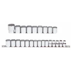 This 24-piece socket set features a 1/2 in drive and 12-point metric sockets ranging from 10 mm to 36 mm. It is designed for fastening and loosening nuts and bolts in industrial maintenance, automotive repair, and assembly applications. The set is not tether capable and does not include socket bits.