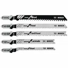 Set of five T-shank jigsaw blades for cutting wood and laminates. Includes blades in lengths of 3 in, 4 in, and 3 1/4 in. Suitable for general woodworking and laminate flooring applications.