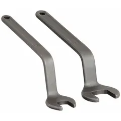 This 2-piece wrench set includes 16 mm and 24 mm wrenches for changing router bits. The offset design provides improved access to the collet area. Used in woodworking and joinery for loosening and tightening the collet nut and spindle lock.