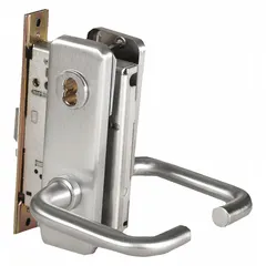 This BEST storeroom lever lockset features a satin chromium-plated stainless steel finish and is ADA compliant. It utilizes an interchangeable core and a 40H escutcheon style. The ANSI F07 function locks the exterior lever, requiring a key for access, while the interior lever rotates freely. Suitable for interior doors in commercial settings such as offices, storage rooms, and utility closets where key-controlled access is needed.