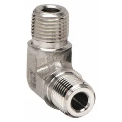 This 90° metal pipe elbow is an extreme-pressure instrumentation fitting made from 316 stainless steel. It has a 1/8 in x 1/8 in fitting pipe size, a maximum operating pressure of 9,100 psi, and a length of 3/4 in. Used to change fluid direction in high-pressure fluid systems such as hydraulic lines and chemical processing.