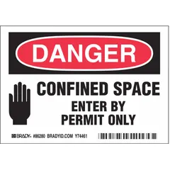 Polyester adhesive signs, 0.01 in thick, 5 per pack. Nominal size 3 1/2 in x 5 in. Not retroreflective or glow-in-the-dark. Used to mark confined space entry points requiring a permit in industrial facilities.