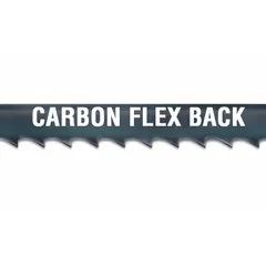 Carbon steel band saw blade with flex back for curved wood cutting. Blade width 1/2 in, thickness 0.03 in, length 7 ft 9-1/2 in. Suitable for woodworking, cabinetry, and general fabrication requiring tight-radius cuts.