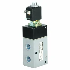 This AVENTICS inline poppet valve is a three-way, two-position solenoid-operated valve with normally closed configuration and spring return. It features an aluminum body and female 3/8 in NPT ports on both sides. Typical applications include directional control of air flow in pneumatic systems for actuating cylinders or other devices in industrial automation and material handling.