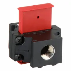 The Parker PS856P is a compressed air line lockout valve with 1/2 in NPT outlet size and a maximum operating pressure of 150 psi. It is used to isolate compressed air in FRL systems for maintenance, providing positive shutoff to meet lockout/tagout safety requirements.