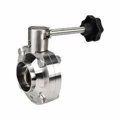 This 3-A certified butterfly valve features a 316L stainless steel body and disc with an average surface roughness (Ra) of ≤ 32 micron, suitable for sanitary processing. It has a 3/4 in pipe size with solder connections, a lever handle with unlimited stop positions, and a maximum pressure rating of 140 psi (CWP).