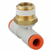 This tee fitting is used to create branch connections in pneumatic tubing systems. It joins three tubes of 5/32 in OD and 1/8 in pipe size, enabling quick assembly and reliable air-flow distribution. Made from polybutylene and brass, with a white finish
