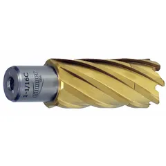 This annular cutter is made of high-speed steel with a titanium nitride (TiN) coating for enhanced wear resistance. It has a 2-1/2 in cutter diameter and a maximum cutting depth of 2 in, with a Weldon Flat shank for secure mounting in magnetic drill presses. Suitable for cutting clean, accurate holes in metal workpieces such as structural steel, plate, and pipe.