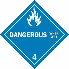 This BRADY placard measures 10 3/4 in x 10 3/4 in and displays the message 'Dangerous When Wet' for Class 4 Flammable Solids. It is used to label containers holding water-reactive materials during shipping and storage, helping to identify hazards in industrial environments.