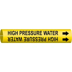 Yellow snap-on pipe marker with black legend 'High Pressure Water' and directional arrows. Fits pipe outer diameters from 1-1/2 to 2-3/8 inches. Used to identify high-pressure water lines in industrial piping systems.