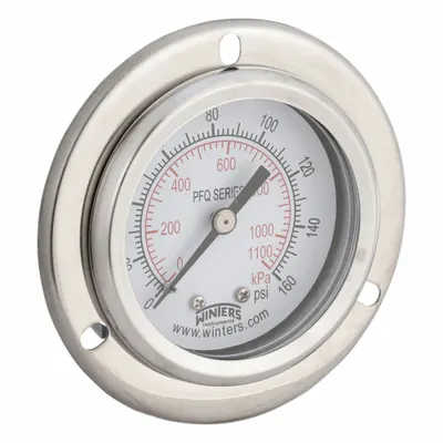 WINTERS Panel-Mount Pressure Gauge: Front Flange, 0 psi to 160 psi, 2 in Dial, 1/8 in NPT Male - Front-Flange Panel-Mount with Brass/Bronze Wetted Parts