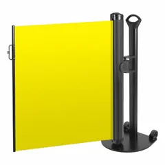 This single-post retractable belt barrier system features a 38-inch post height and an 11 1/2 ft yellow round flat belt with no legend or pattern. The mobile stand includes black hardware and is suited for portable crowd control, queue management, and safety delineation in facilities such as airports, event spaces, and industrial environments.