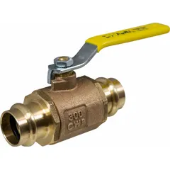 This APOLLO bronze ball valve features a two-piece, full-port design with press x press connections for fast installation without threading or soldering. Rated for 300 psig CWP, it is suitable for on/off flow control in plumbing, HVAC, and process systems. The lever handle provides easy operation, and the bronze construction resists corrosion in water applications.