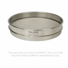 This test sieve has an 8 in outside diameter and 1 5/8 in height, with a stainless steel frame and stainless steel screen. It meets ASTM E11 standards and features a US Standard Screen Size of 1.50 in. Used for particle size analysis and material classification in laboratory and industrial settings.