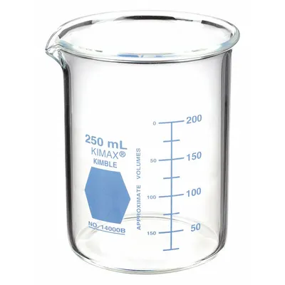 KIMBLE Colorware Beaker: 250 mL, 8.45 fl oz, A, Low Form, Type I, Blue - Color Coded Low Form Glass Beakers