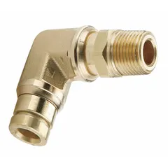 Brass push-to-connect elbow adapter for connecting 1/4 in OD tubing to a 3/8 in male NPT port. Suitable for pneumatic and air brake systems in industrial and mobile equipment. Provides a leak-free joint without special tools.
