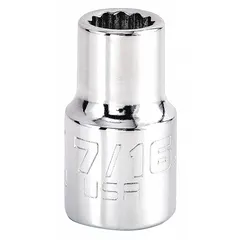 This 1/2" drive hand socket has a 7/16" socket size with a 12-point configuration for engaging hex fasteners. It is made of chrome and is not tether capable. Suitable for tightening or loosening fasteners in general maintenance and repair tasks.