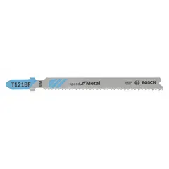 Bi-metal jigsaw blade with T-shank for cutting thin metal. Blade length 3-5/8 in. Suitable for use in metal fabrication, HVAC ductwork, and automotive repair. Pack of 3 blades.
