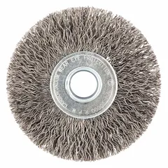 This light-cleaning brush is designed for carbon steel surfaces. It features a crimped steel fill of 0.014" and measures 3" in diameter by 5/8" in width with a 1/2" arbor. Suitable for removing rust, scale, and light burrs in metal fabrication and maintenance applications.