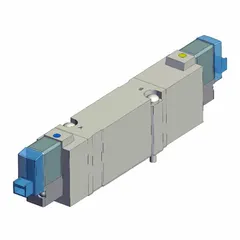 This SMC SY7000 Series solenoid valve is a double solenoid, five-way/three-position, closed-center directional control valve with 5 ports. It operates on 24V DC and features a spring return to center position, internal pilot, plug-in connectivity, and non-locking manual override. Commonly used to control pneumatic actuators in industrial automation systems.
