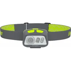 This rechargeable headlamp provides up to 500 lumens of brightness and a 75-meter beam distance. It features three light output modes for versatile illumination. The unit is powered by a built-in rechargeable battery and includes a USB Type-C charging cord, plus three AAA batteries as backup. The gray housing is suited for hands-free tasks such as camping, automotive repair, and emergency work.