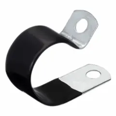 Galvanized steel cushion clamp with vinyl plastisol lining, designed to secure and support tube and pipe with a maximum outer diameter of 7/8 in. The cushion reduces vibration and protects the pipe surface. Suitable for industrial piping systems in applications such as machining, HVAC, and pneumatics.