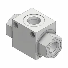 Three-way, pressure-operated cartridge shuttle valve constructed from steel. Automatically selects the higher of two input pressures and directs it to a single output. Overall length 2.58 in, width 1.25 in. Suitable for hydraulic and pneumatic systems requiring backup pressure sources, such as braking and clutch controls.